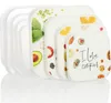 A set of square plastic food storage containers with lids, stacked and displayed on a white background. The lids feature colorful illustrations of fruits, vegetables, and cookies, with one lid displaying the text 'I love cookies'. Produktbild-Vorschau