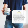 A person is holding a product container and a review is displayed next to it. Produktbild-Vorschau