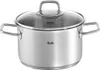 A stainless steel cooking pot with a glass lid and two handles, placed on a white background. Voir les images du produit