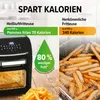 Comparison of calories and fat content between an air fryer and a traditional deep fryer, with images of both appliances and fries. Produktbild-Vorschau