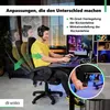 A man is sitting in a gaming chair, demonstrating its features. The chair is shown in different reclining positions. Produktbild-Vorschau