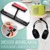 Collage showing a black headphone stand being attached to a wall, and headphones hanging from it next to a green speaker box. Produktbild-Vorschau