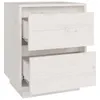 A white wooden nightstand with two drawers, one of which is partially open, showing the drawer slides. Náhled obrázku produktu