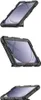 Three different angled views of a black tablet case with a tablet inside. Produktbild-Vorschau