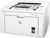 A white HP LaserJet Pro M203dw printer is shown from a slightly elevated front-left angle on a white background. A sheet of paper with a graph is partially visible in the paper feeder. Voir les images du produit