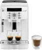 A white De Longhi Magnifica S coffee machine with two cups of espresso in the foreground and one cup of cappuccino to the right. Produktbild-Vorschau