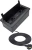 A black furniture-integrated power strip with multiple outlets and ports, shown with its power cord coiled beside it. Produktbild-Vorschau