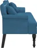 Side view of a blue velvet bench with tufted back and decorative buttons, resting on black legs. Podgląd zdjęcia produktu