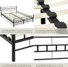 A collage of images showing different aspects of a metal bed frame, including a full view, close-ups of the slatted base, and structural details. Náhled obrázku produktu