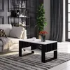 A modern living room scene with a couch, coffee table, and bookshelf. Produktbild-Vorschau