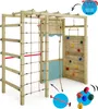 A wooden climbing frame and play tower with various accessories, set against a white background. Voir les images du produit