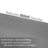 A close-up of a grey fabric with text overlay describing its features. Produktbild-Vorschau