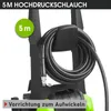 A close-up view of a pressure washer hose coiled on a storage hook, with text overlays indicating features. Produktbild-Vorschau