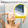 A woman is showering with her eyes closed and hands on her head, while a close-up of a shower seal is shown in a circle. Produktbild-Vorschau