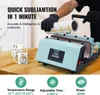 A person is using a sublimation heat press machine to transfer a design onto a mug. The machine is light blue with a digital display. There are also mugs and promotional text on the image. Náhled obrázku produktu