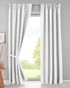 Two white curtains are shown hanging in front of a window with a view of trees and sky. One curtain is partially open, revealing a sheer inner curtain. A tie-back is visible on the left curtain. Produktbild-Vorschau