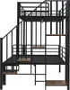 A black metal bunk bed with wooden steps and shelves against a white background. Produktbild-Vorschau