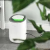 A white electric dehumidifier with a green light on top is placed on a gray floor next to a wall. Green leaves are in the foreground, partially obscuring the dehumidifier. Produktbild-Vorschau
