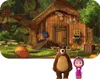 A cartoon illustration of a wooden house in a forest setting, with a bear and a girl in the foreground. Náhled obrázku produktu
