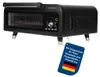 A black electric pizza oven with a tag showing German flag and product features. Anteprima dell’immagine prodotto