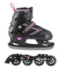A pair of black and pink inline skates and a separate rollerblade frame with wheels, displayed against a white background. Produktbild-Vorschau