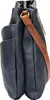 A side view of a dark blue perforated handbag with a brown strap. Produktbild-Vorschau
