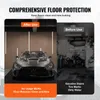 A split image showing a car on a protective mat on the left and a messy garage on the right. Produktbild-Vorschau