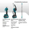 Product information for electric garden tools, including a pruning shear, a chainsaw, and a pole saw attachment. Produktbild-Vorschau