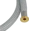 A close-up view of a braided hose with a metal fitting. Produktbild-Vorschau
