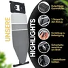A marketing image showcasing an ironing board with various features highlighted by text and close-up images. Produktbild-Vorschau