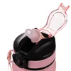 Close-up of the top of a pink water bottle with a black lid and a pink flip-top straw mechanism. Produktbild-Vorschau