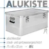 A silver aluminum box with a lid and two latches, shown with two keys. Text overlays describe its features and dimensions. Produktbild-Vorschau