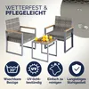 A set of outdoor furniture, including two chairs and a small table, with graphic icons highlighting product features. Produktbild-Vorschau