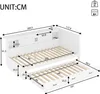 A technical drawing with dimensions of a white sofa bed. Produktbild-Vorschau