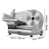 A silver electric meat slicer with dimensions indicated by measurement lines and text. Náhled obrázku produktu
