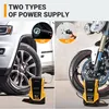 Collage showing a car tire and a motorcycle tire, with a portable air compressor next to each, illustrating two types of power supply. Podgląd zdjęcia produktu