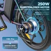 Close-up of an electric bike's rear hub motor with marketing text highlighting its features. Produktbild-Vorschau