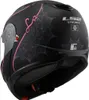 A black motorcycle helmet with pink and gray decorative patterns, shown from a rear-side angle. Náhled obrázku produktu