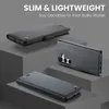 Three views of a black leather phone case are displayed on gray platforms against a gray background. Text overlays highlight the product's features. Produktbild-Vorschau