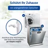 A washing machine and a dishwasher are shown, with a close-up of a plumbing adapter. Text overlays explain the product's function. Produktbild-Vorschau