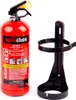 A red fire extinguisher and its black mounting bracket are shown against a white background. Produktbild-Vorschau