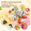 A blender with fruits and ice in motion, with three finished smoothies in small bowls at the bottom. Produktbild-Vorschau
