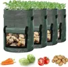 Vier dunkelgrüne Stoff-Kartoffel-Anzuchtbeutel mit Sichtfenstern, die Kartoffeln zeigen, mit Karotten, Kohl, Tomaten und losen Kartoffeln darunter Produktbild-Vorschau
