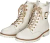 A pair of white lace-up boots with tan laces and tan trim on the soles. Produktbild-Vorschau