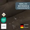 A close-up of a brown fabric with water droplets, featuring several logos and text overlays highlighting product features. Produktbild-Vorschau