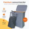 A grey laundry sorter with a mesh bag inside, shown with feature callouts. Produktbild-Vorschau