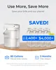 A water filter pitcher and several plastic water bottles are displayed on a wooden table, with promotional text overlaying the image. Produktbild-Vorschau