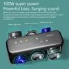 A close-up marketing image of a portable speaker, highlighting its internal components and features with text overlays. Produktbild-Vorschau
