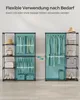 Two open wardrobes side-by-side, showcasing clothing and accessories. Text overlays describe features. Produktbild-Vorschau