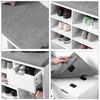 Collage of images showing a white shoe rack with a gray upholstered top and storage compartments. Produktbild-Vorschau
